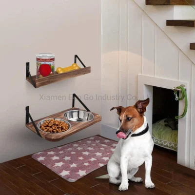 개 그릇, 스테인레스 스틸 개 또는 고양이 그릇 2개가 포함된 벽걸이형 제기 애완동물 먹이 그릇, 소박한 나무 제기 그릇